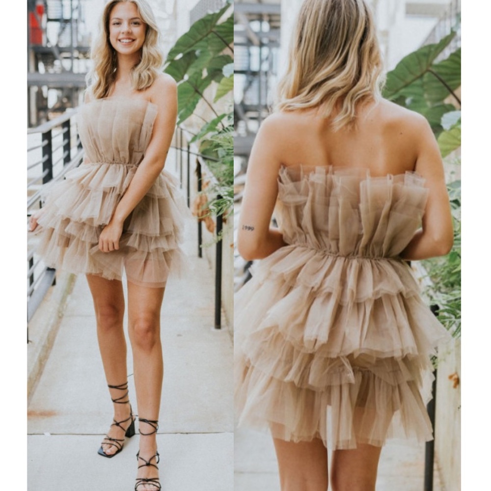 Mable tulle ruffle strapless elegant taupe mini dress women Size Large